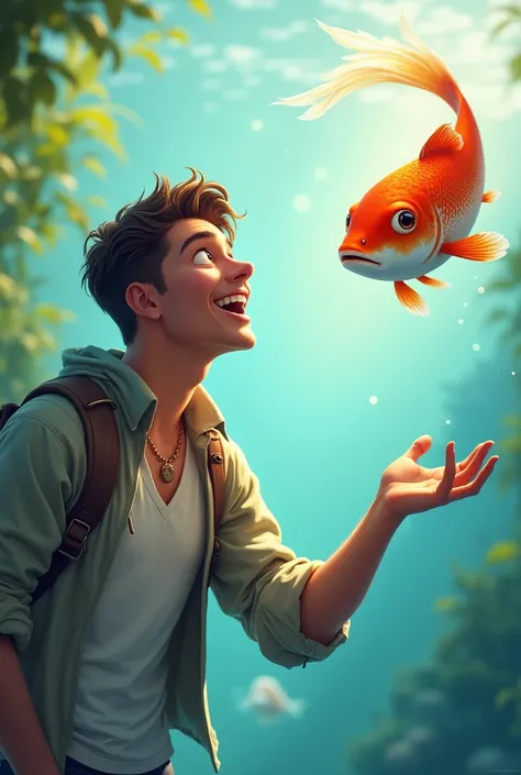 A happy man looking ahead,  pointing at a fish