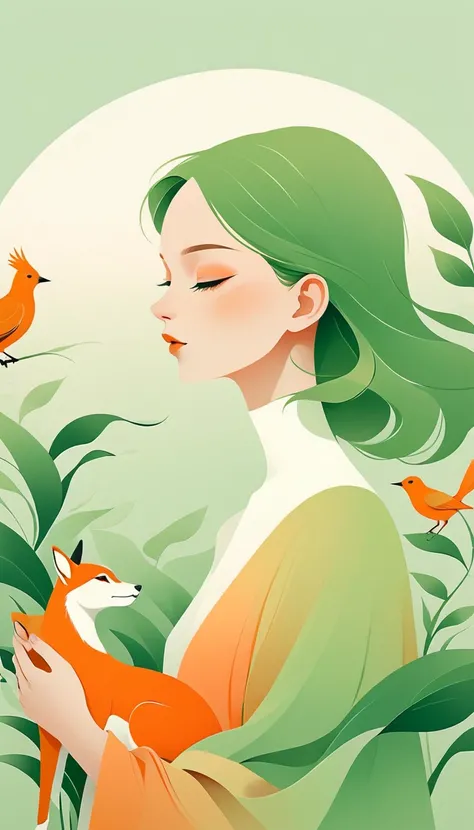 Minimalism illustrations, women with animals, in the style of graphic design-inspired illustrations, pale gradient, light green and orange, organic forms and shapes, traditional composition, clean and simple designs, dribbble, behance，Graphic illustration,...