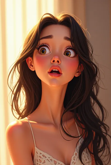 pixar disney drawing of a woman with long hair fair skin, with wide eyes in surprise