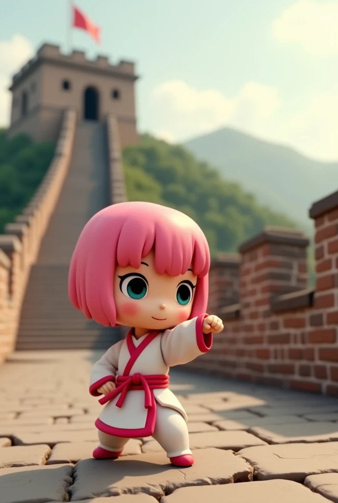 Clay Animation、Chibi Girl、Pink Hair、Bob、Martial Artist、Drunken Fist、Right hand punch、My hands are shaking、The Great Wall in the background、Movie Brochure