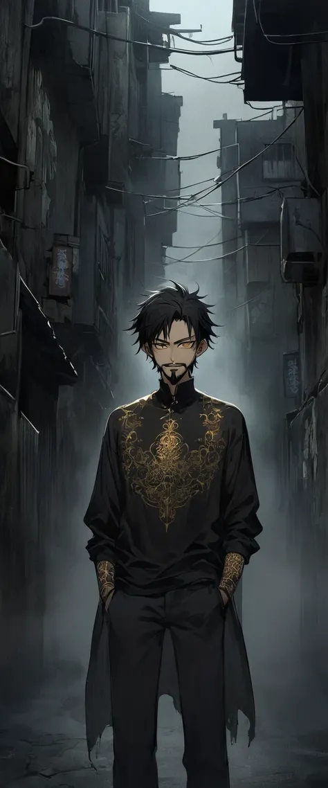 Anime Style。(((One personで: 1.2))),A black silk shirt embroidered with gold patterns。Alley in the fog。Thin young man standing with his hands in his pockets。Nihilistic smile。He has droopy eyes, a thin face, a black beard and goatee, long, messy black hair, ...