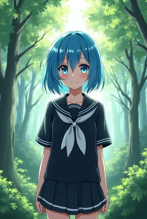 Blue haired anime girl, cyan eyes, sixteen years old, wearing a black and white dress, staring at me in a forest
