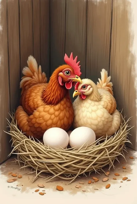 Drawing of two hens in the nest laying eggs 