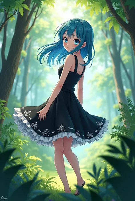 Blue haired anime girl, cyan eyes, sixteen years old, wearing a black and white dress, staring at me in a forest, smiling, looking back at me while walking

