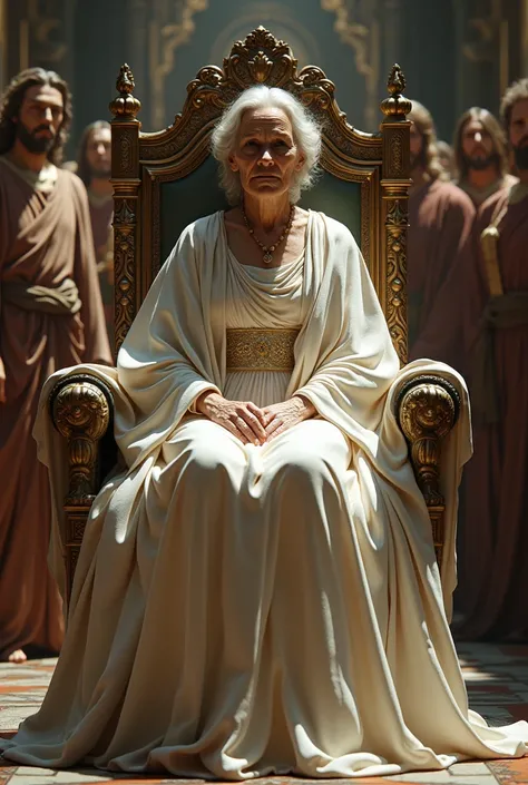 (photorealism:1.2), an beautiful old women sitting in a throne in white gown, jesus christ is standing behind her and angles michele and gabriel and a big army is standing beside her. 4k realistic