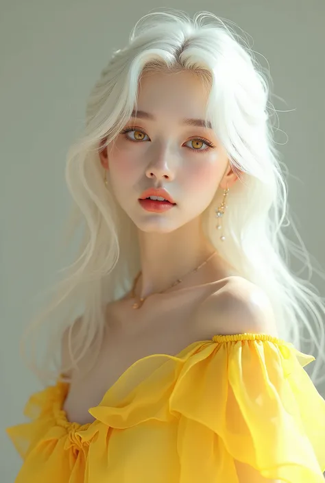 Pretty, Albino Asian lady, K-pop Idol, long white wavy hair, amber eyes, yellow dress, sharp eyes, white eyelashes 