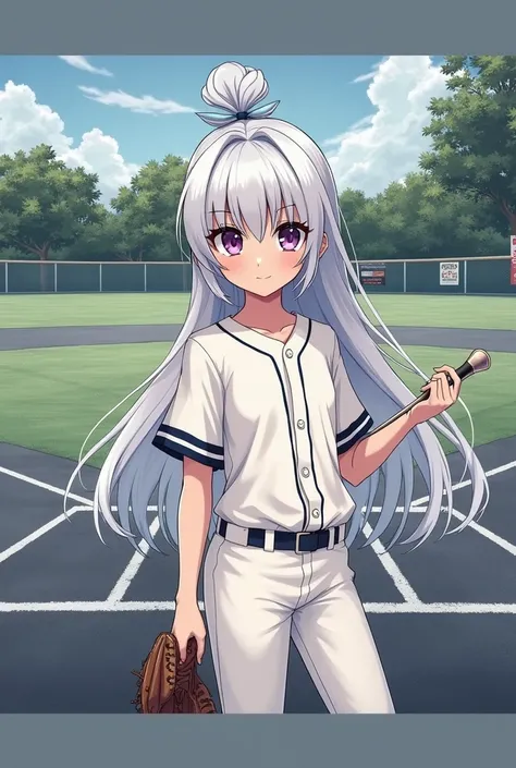 white hair 、Purple Eyes、girl、High school student、Baseball player、single ponytail