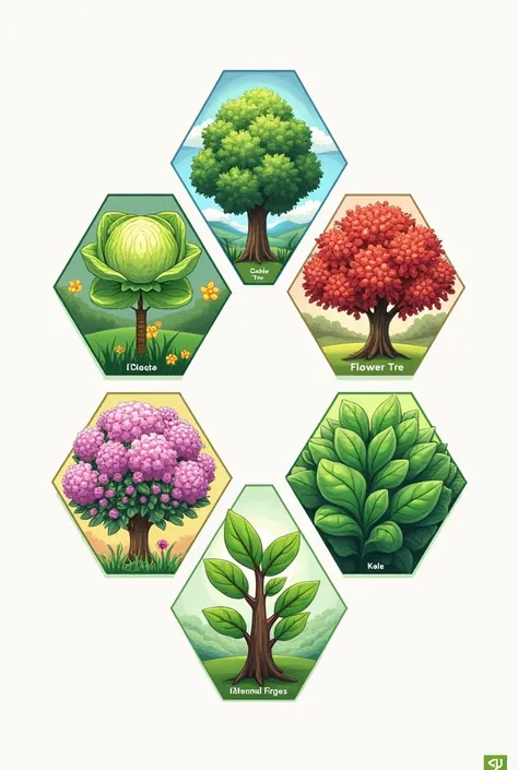 Picture in the shape of a hexagon.5 hexagon.each hexagon has a picture of a cabbage tree,chili tree,flower tree,kale and spinach