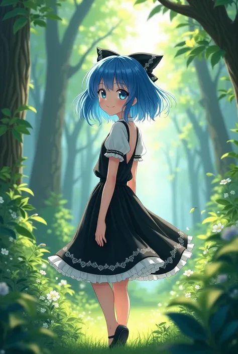 Blue haired anime girl, cyan eyes, sixteen years old, wearing a black and white dress, staring at me in a forest, smiling, looking back at me while walking

