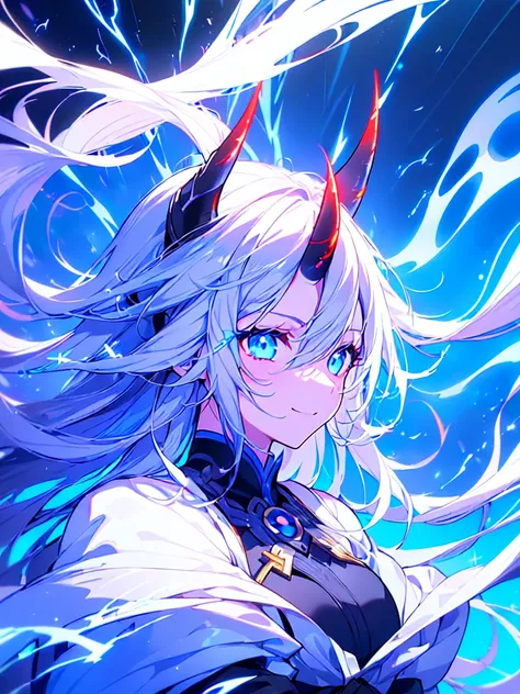 [(Blue BACKGROUND:1.5),::5], ((((masterpiece)))), high quality, ultra very high resolution, full color, ((solo)), (tall person), (girl), (god of thunder), (long White hair), ((Black color streaked hair)), (Blue eyes), ((oni horns)), anime, ((upper body)), ...