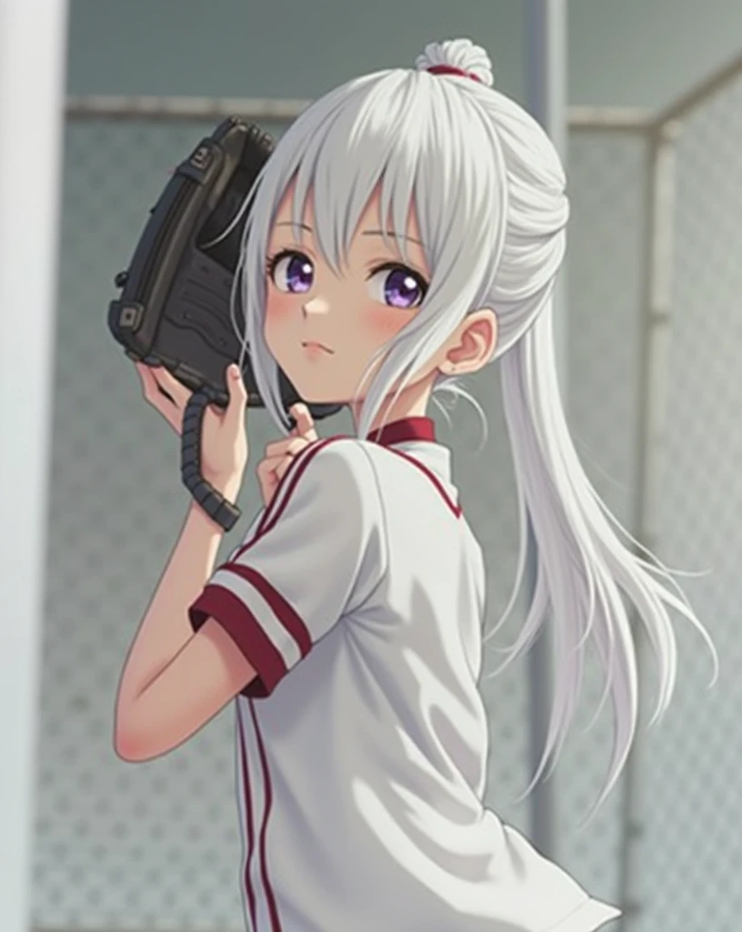 white hair 、Purple Eyes、girl、High school student、Baseball player、single ponytail