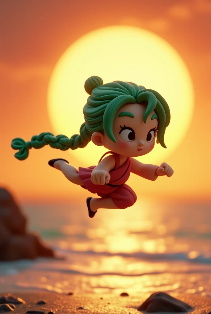 Clay Animation、Chibi Girl、Green Hair、Braids、Martial Artist、Drunken Fist、Floating in the air、Flying kick stance、The background is the sunset beach、Backlight、silhouette、Movie Brochure