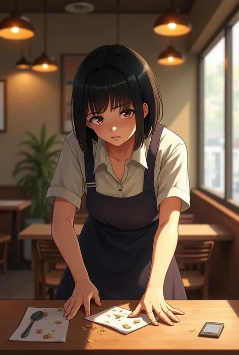 A female waitress with black bob hair working tired cleaning table in a cafe 