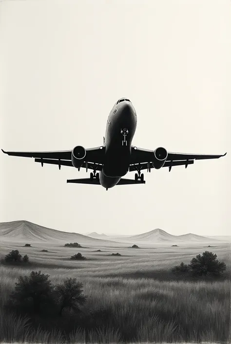 A charcoal drawing of a cargo plane flying low over some plains  