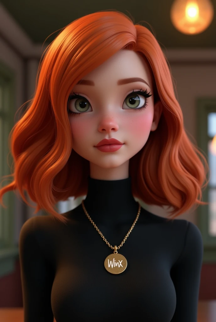 Disney style 3D image of a young woman with medium red hair, dark eyebrows and eyes, middle lips, wearing a black turtleneck sweater and a necklace that says Winx