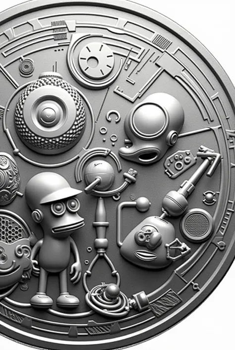 Silver coin for engraving, the relief does not extend beyond the edges of the coin, in the style of Roman Booteen. Futurama cartoon style