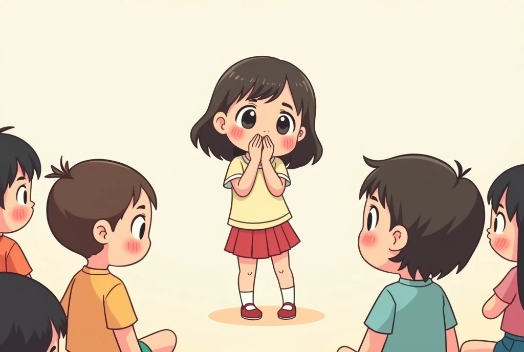 1 girl standing among a group of children，Mouth tightly shut，There is hesitation and uneasiness in his eyes。Cartoon，可爱Cartoon，可爱Cartoon风格，Cute illustration，Clean anime art，Simple background