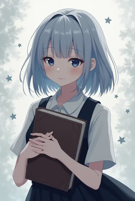 The anime girl has shoulder length pale blue hair and dark blue eyes and shes wearing a black and white dress. Shes also holding a large book in her left hand.
