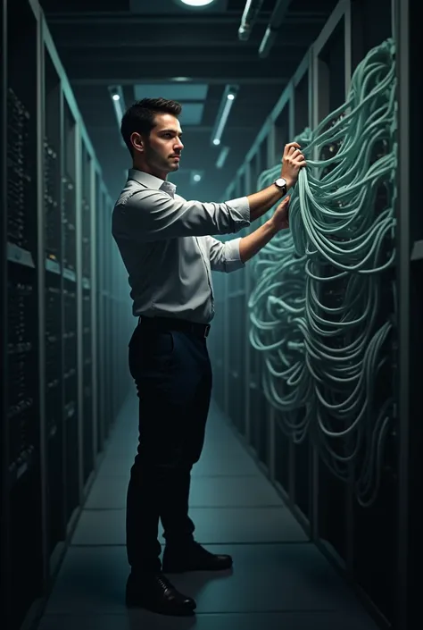 realistic image of a man in a server room with multiple data center network cables, standing in a server room, it specialist,  Extremely Detailed, the background is a data server room. Cables are structured throughout the data center