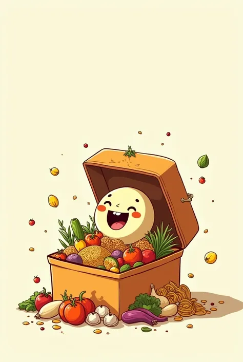 A tiffiin box out of which cooked vegetables or say food  is falling and which is very happy and cute