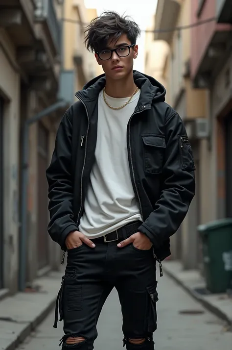 Boy in black pants, white t-shirt, black jacket and black rock and roll glasses
