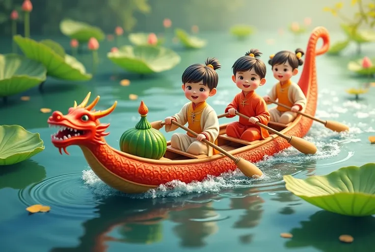 Dragon Boat Festival, on the surface of the water there are 3 children wearing Hanfu paddling on the dragon boat, there are delicious zongzi on the boat, green zongzi are super detailed, the best quality, there are lotus leaves on the water, super detailed...