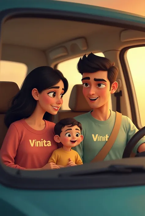 A girl whose clothes have Vinita written on them travels in a car and her husband also travels with her, her husbands clothes have Rajkumar written on them and they have a small cute baby with them 