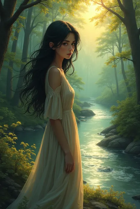 A girl in the woods with black hair, there’s a river on the right side and the sun is shining on her shoulders 