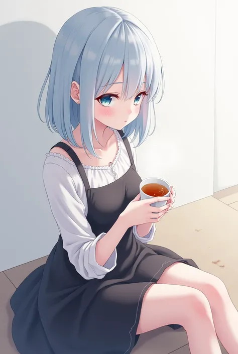 The anime girl has shoulder length pale blue hair and shes wearing a black and white dress. Holding a cup of tea

