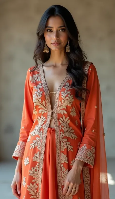 "A beautiful Indian woman wearing a stylish front-slit churidar. The kurta features a front slit design, revealing the matching churidar pants underneath. The outfit is adorned with delicate embroidery and traditional patterns, perfectly blending modern el...