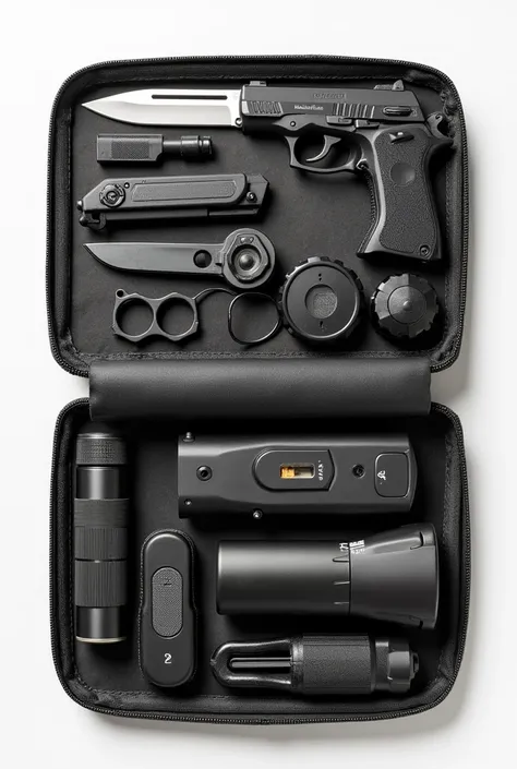 genarate a self defence portable kit with pocket knife , mini blade , pepper spray, fire gun , taser , knuckle & alarm sos