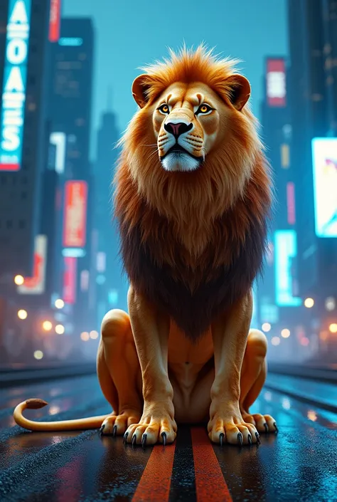 A most powerful angerest lion  sitting on the cyberpunk road and blue neon lights