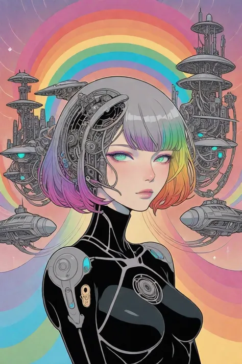 ((best quality)), ((masterpiece)), (detailed), perfect face of cyberpunk mecha japanese girl, neon rainbow eyes, metallic black body, rainbow hair, ((monochromatic neon rainbow color palette)), surreal, art nouveau, in the illustrative style of moebius, sp...