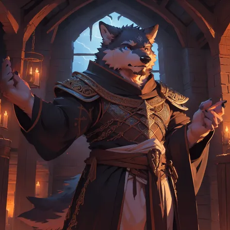 A male wolf in a sorcerers robe and a big fat black male bear in ornate armor in front of a medieval tavern, medieval, high quality, intricate details, cinematic lighting, fantasy art, dramatic colors, anime,furry