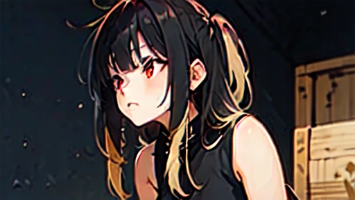 Facing left, one girl, black hair, blunt bangs, blonde inner color hairstyle, [looking bored], red eyes, black sleeveless