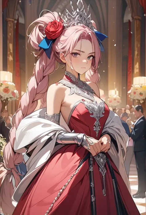 woman, Serious, Warrior, armor, elegant, Pink Dress, aristocratic, silver element, Long nails, Exposing shoulders, Hairstyle, Put your hair up, Braids and ponytails, Messy, arrogant, Absurd, Detailed dress, Royalty, Celebration, Hall decorated with flowers...