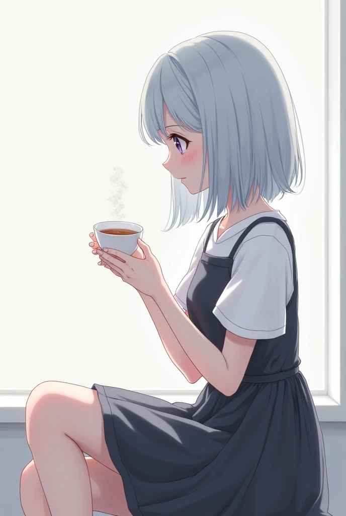 The anime girl has shoulder length pale blue hair and shes wearing a black and white dress. Holding a cup of tea

