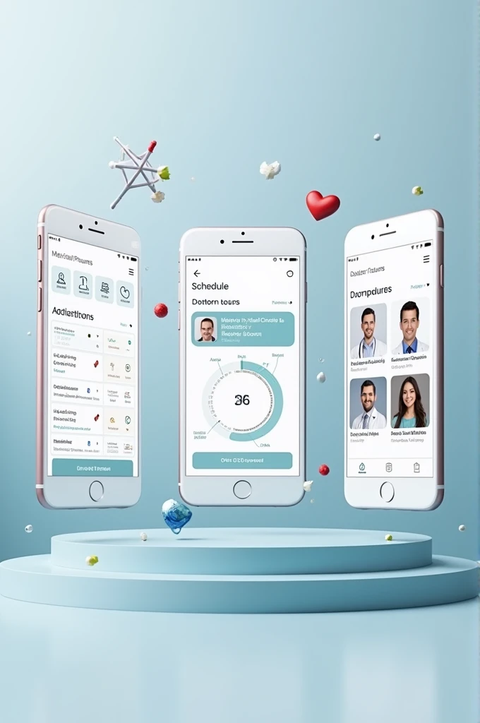 image showing three phone screens, in the first the main page of the medical application CareNet, the second one shows the time of the appointment with the doctor, in the third, different profiles of doctors