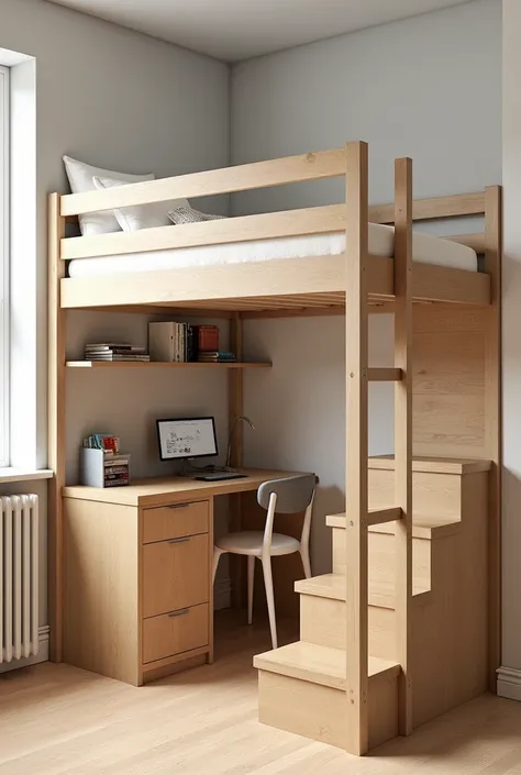 Make a elevated twin L-shaped bed in the corner of a room, with a small workplace table underneath and storage cabinet. Put also some stairs for access of the elevated bed 