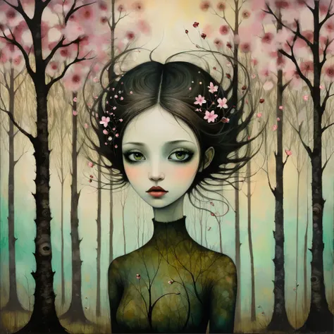 oil and acrylic painting. In the style of Andy Kehoe, Dave McKean. A young woman, dark blond hair, gray-green eyes, pale pink lips. Behind her, the image divides into two parts. One depicts a dark forest, with twisted trees, rotten flowers. The other a flo...