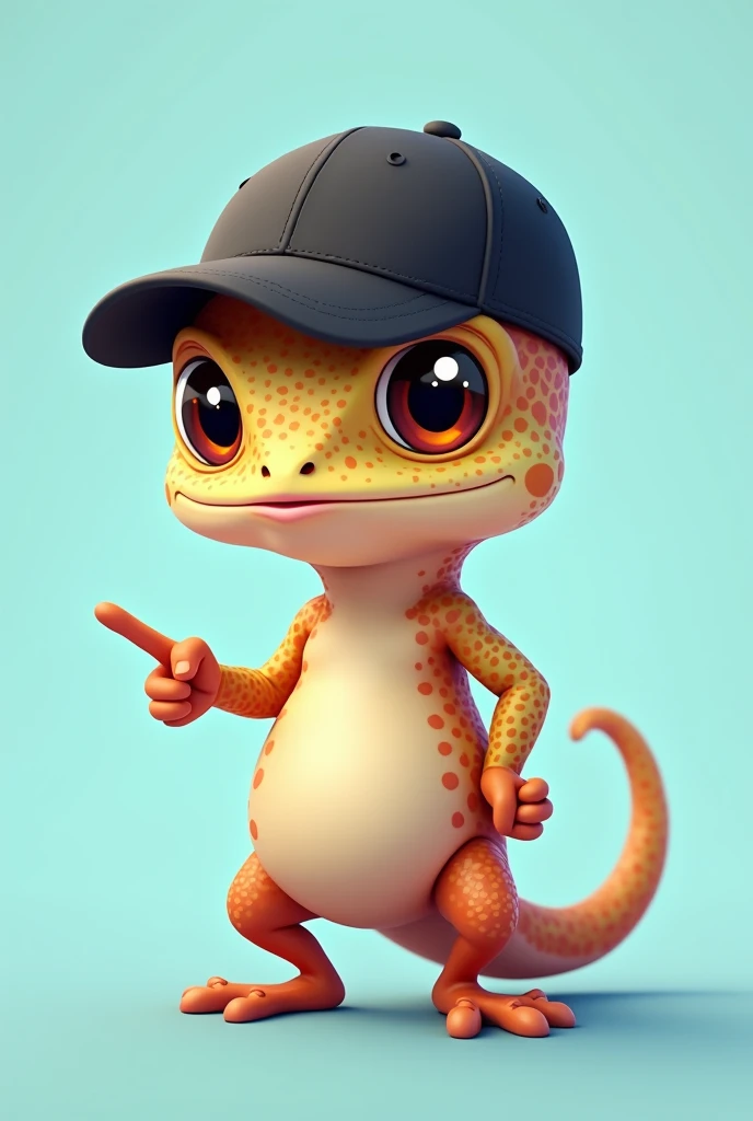 A cute vector of a Senegalese Chameleon, with a slightly chubby belly, just a little, wearing a black sports cap, small in size, standing, with its mouth open standing in two, pointing with a finger towards the viewer, digital illustration, light blue back...