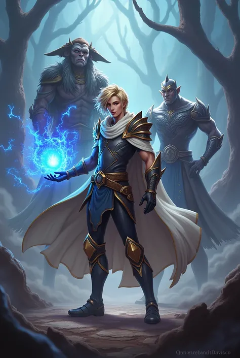 LEAGUE OF LEGENDS CHAMPION EZREAL IN THE CENTER OF THE IMAGE WITH OTHER CHAMPIONS AROUND, LIKE HWEI AND MORDEKAISER FROM LEAGUE OF LEGENDS IN FORMAT 1.280 x 720 pixels