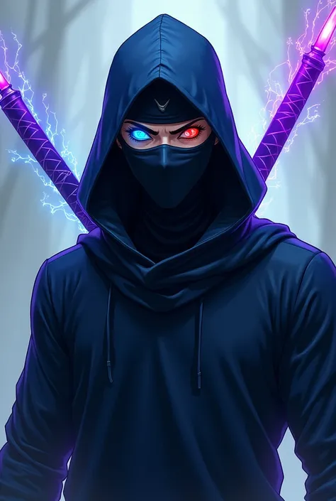 blue ninja costume,He has a jet black body and is masked. Blue eyes,Bright green eyes,BRIGHT RED EYE,Has 5 eyes, including glowing purple eyes and glowing white eyes, and has an average muscle mass.,An anime man with a purple aura sword and an orange aura ...