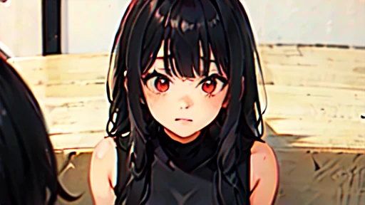 Facing right, one girl, looking up, black hair, blunt bangs, blonde inner color hairstyle, [looking bored], red eyes, black sleeveless