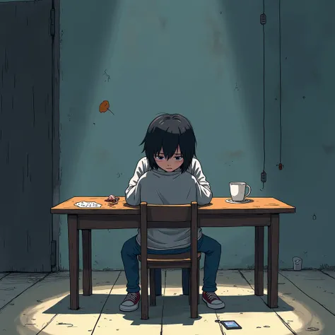 a sad person sitting in front of a table, 2D anime style, anime art