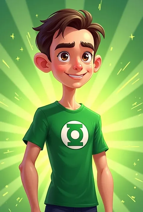 Sheldon Cooper wearing the Green Lantern symbol t-shirt, 2d cartoon, green background with light green rays
