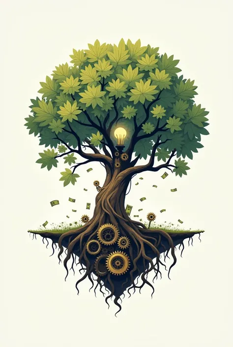 logo of a tree where the root below the ground is a brain, the trunk is gears and lamps symbolizing ideas and work and the leaves are banknotes, create the logo with this information exactly as described