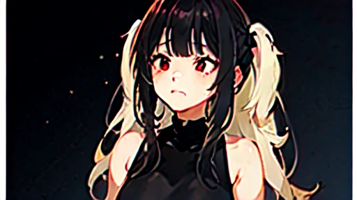 Facing right, one girl, looking up, black hair, blunt bangs, blonde inner color hairstyle, [looking bored], red eyes, black sleeveless, beautiful shoulders