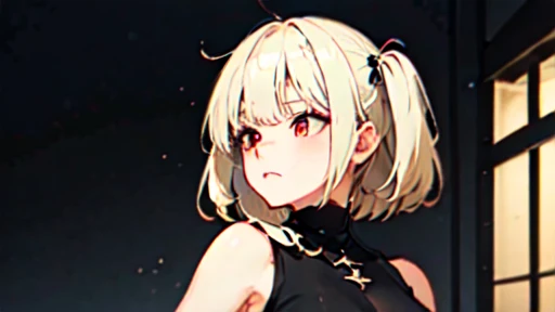 Facing right, one girl, looking up, black hair, blunt bangs, blonde inner color hairstyle, [looking bored], red eyes, black sleeveless, beautiful shoulders