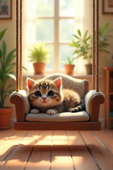 Image of a small cute cat sitting on a couch swing 